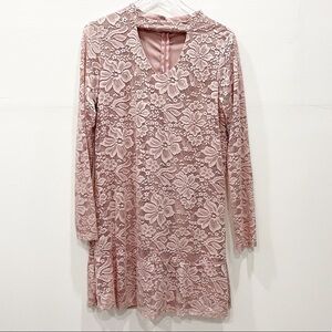 Moral Fiber Lace Keyhole Front Long Sleeve Dress Pink XL